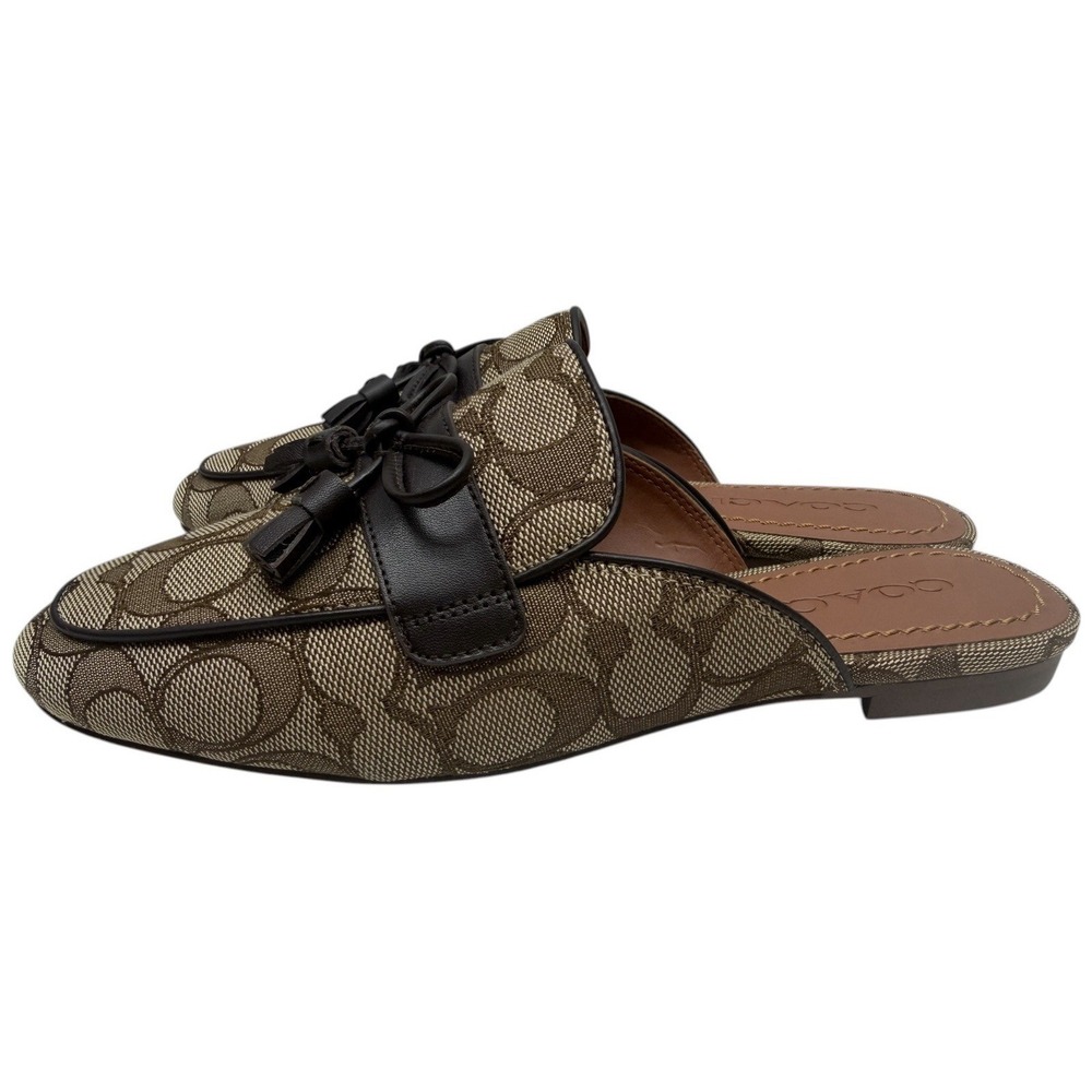 NEW‎ COACH Size 6B Women's Shoes Slide Khaki Jacquard SIG Leather Trim - Picture 6 of 8